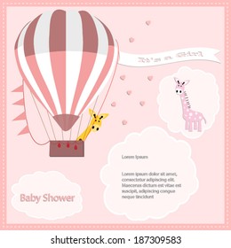baby shower card, for baby girl,air balloon and giraffe with pink giraffe.Vector eps10, illustration.