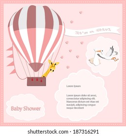 baby shower card, for baby girl,air balloon and giraffe with stork.Vector eps10, illustration. 