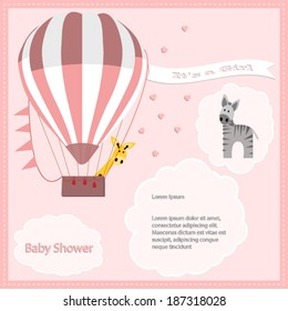 baby shower card, for baby girl,air balloon and giraffe with zebra.Vector eps10, illustration.