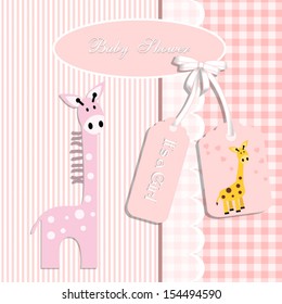 baby shower card, for baby girl,giraffe and stripe background with giraffe .Vector eps10,illustration.Raster also available.