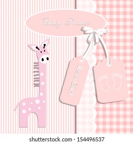 baby shower card, for baby girl,giraffe and stripe background with footprint .Vector eps10,illustration.Raster also available.