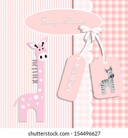 baby shower card, for baby girl,giraffe and stripe background with zebra .Vector eps10,illustration.Raster also available.
