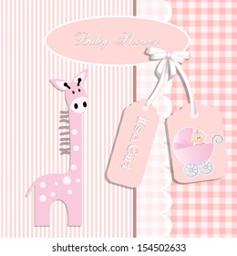 baby shower card, for baby girl,giraffe and stripe background with stroller.Vector eps10,illustration.Raster also available. 