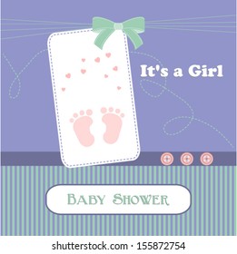 baby shower card, for baby girl,Hemlock and Violet stripe background with footprint.Vector eps10,illustration.Raster also available.