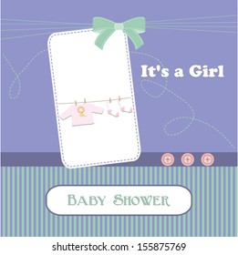 baby shower card, for baby girl,Hemlock and Violet stripe background with clothing.Vector eps10,illustration.Raster also available. 