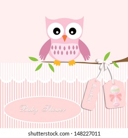 baby shower card, for baby girl,owl and stripe background with rattle .Vector eps10, illustration.