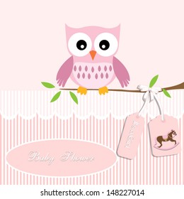 baby shower card, for baby girl,owl and stripe background with rocking horse .Vector eps10, illustration.