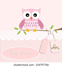 baby shower card, for baby girl,owl and stripe background with owl.Vector eps10, illustration.