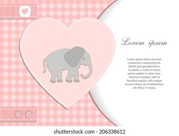 baby shower card for girl.Pink heart and gingham background with elephant.Vector eps10,illustration.