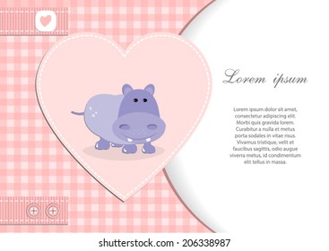 baby shower card for girl.Pink heart and gingham background with hippo.Vector eps10,illustration.