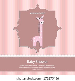 baby shower card, for baby girl,pink stripe background with pink giraffe .Vector eps10, illustration.