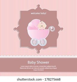 baby shower card, for baby girl,pink stripe background with stroller.Vector eps10, illustration.