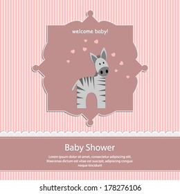 baby shower card, for baby girl,pink stripe background with zebra.Vector eps10, illustration. 