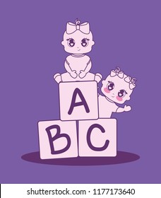 baby shower card with girls and alphabet blocks