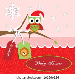 baby shower card, for baby girl,santa owl and star background with lion.Vector eps10, illustration.