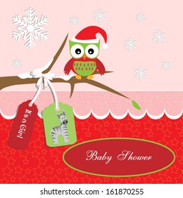 baby shower card, for baby girl,santa owl and star background with zebra.Vector eps10, illustration.