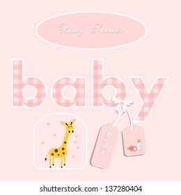 baby shower card, for baby girl,with giraffe and pink fabric gingham patchwork  baby letters.Vector eps10, illustration.