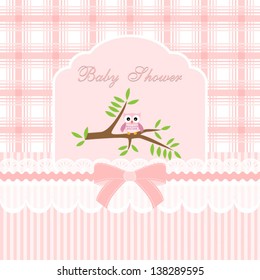 baby shower card, for baby girl,with owl and pink-white background.Vector eps10, illustration.