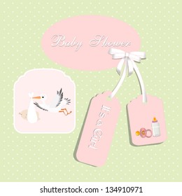 baby shower card, for baby girl,with stork and light green polka dot background.Vector eps10, illustration.
