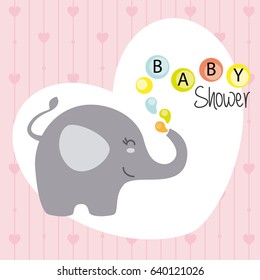 baby shower card. Happy elephant with pink hearts background