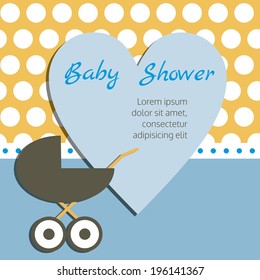 Baby Shower Card. Heart with Invitation and Pram on the Polka Dot Background. 