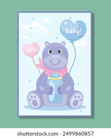 Baby shower card. Hippo sits with colorful balloons. Greeting and invitation postcard template. Babyshower cover or banner. Holiday and festival. Flat vector illustration isolated on green background