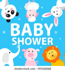 Baby shower card and Invitation cartoon birthday with animal panda, pig , rabbit, lion, elephant and sheep vector illustration. 
