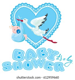 Baby shower, card, invitation, etc. Stork with boy, lace blue heart and letters, isolated on white background. 