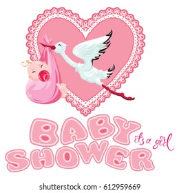 Baby shower, card, invitation, etc. Stork with girl, pink lace heart and letters, isolated on white background. 