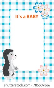 Baby shower card invitation with baby hedgehog. Background checkered, blue white. Free space on the sheet for text. Blank sheet of paper. Small pink flowers and animal,cut from paper. It`s a boy.