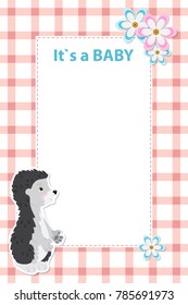 Baby shower card invitation with baby hedgehog. Background checkered, pink white. Free space on the sheet for text. Blank sheet of paper. Small pink,blue flowers and animal,cut from paper. It`s a girl