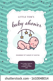 Baby shower card / invitation / poster design template with cute baby boy infant in bow tie, rattle toy, pattern isolated. Vector flat illustration.