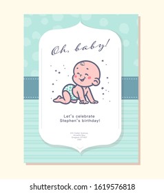 Baby shower card / invitation / poster design template with cute baby boy infant crawling on blue pattern isolated. Vector flat illustration.