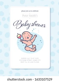 Baby shower card / invitation / poster design template with cute baby boy infant sit with rattle toy, pattern isolated. Vector flat illustration.