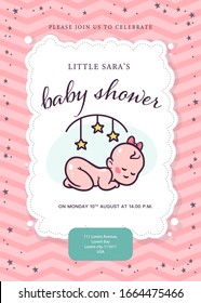 Baby shower card / invitation / poster design template with cute little girl baby infant with head bow, rattle toy, pattern isolated. Vector flat illustration.