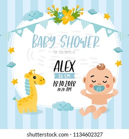 Baby shower card. Invitation template with cute little baby boy, giraffe and other elements. Creative frame with kids illustration. For Baby Party.