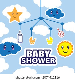 Baby shower card. Invitation template with cute toys, images of clouds, sun, stars and places for your text. vector illustration