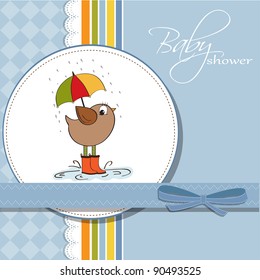 baby shower card with little bird stand in the rain