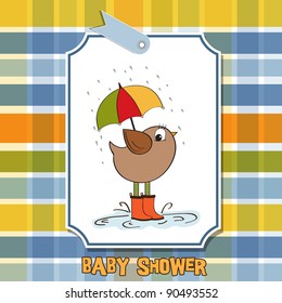 baby shower card with little bird stand in the rain