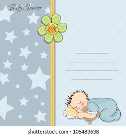 baby shower card with little baby boy sleep with his teddy bear toy