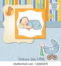 baby shower card with little baby boy sleep with his teddy bear toy