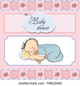 baby shower card with little baby boy sleep with his teddy bear toy
