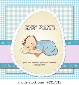 baby shower card. little baby boy sleep with his teddy bear toy