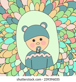 Baby Shower Card. Little Cute Boy in Hat with Ears and Pacifier on Abstract Background. Vector Illustration. Design for Kids