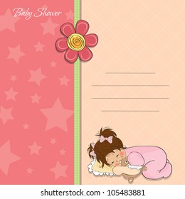 baby shower card with little baby girl play with her teddy bear toy