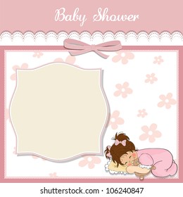baby shower card with little baby girl play with her teddy bear toy