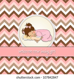 baby shower card with little baby girl play with her teddy bear toy