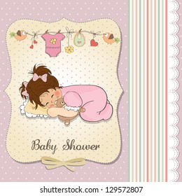 baby shower card with little baby girl play with her teddy bear toy