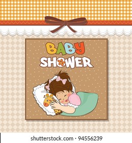 baby shower card with little girl and her toy