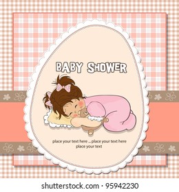 baby shower card with little baby girl play with her teddy bear toy